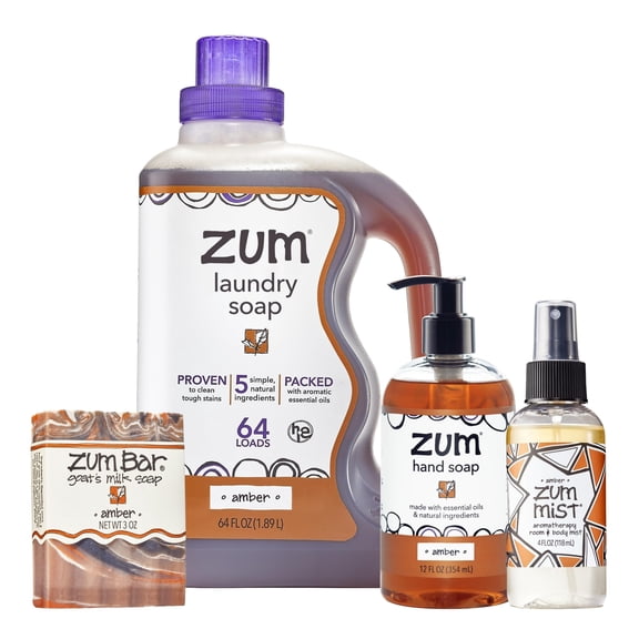Zum by Indigo Wild Home Essentials - Laundry Soap (64 oz) - Liquid Hand Soap (12 fl oz) - Room Spray Air Freshener (4 fl oz) - Goat Milk Soap Bar (3 oz) - Amber