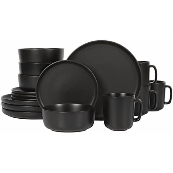 Zuma Stoneware Plates, Bowls, & Mugs Dinnerware Set - Matte Black, Service for Four (16pcs)