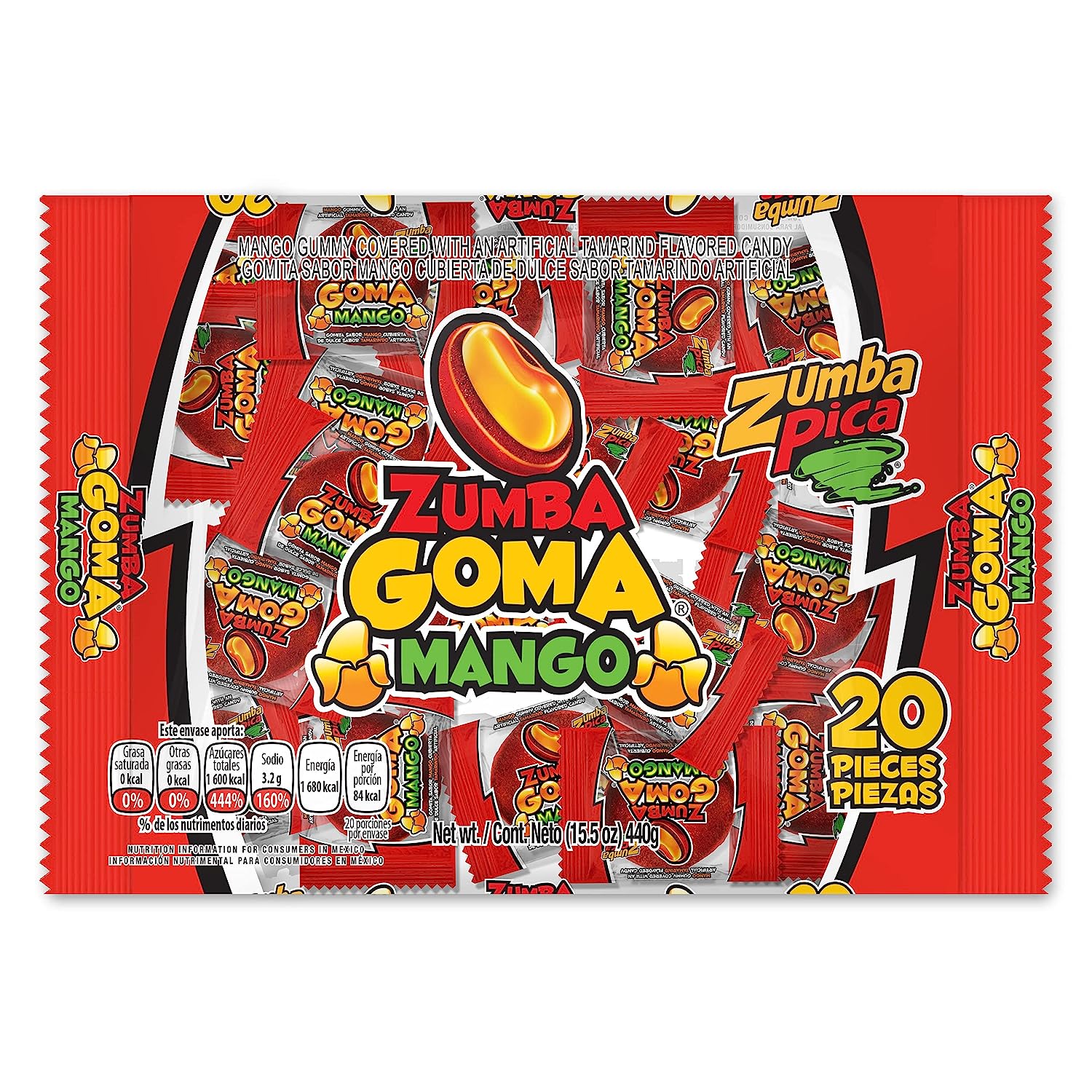 Zumba Goma Mango Gummy Covered with Tamarind Candy (20 pcs bag) Spicy Mango Gummies with