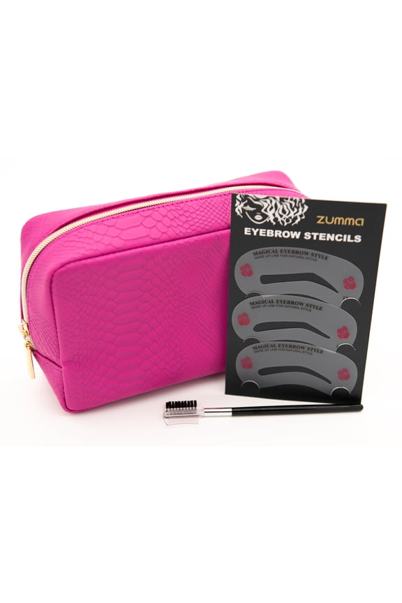 Makeup Bag, Faux Crocodile Leather, Magenta, with Bonus Brow Kit