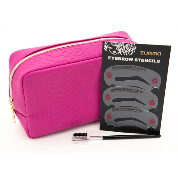 Zumma Makeup Bag, Faux Crocodile Leather, Magenta, with Bonus Brow Kit
