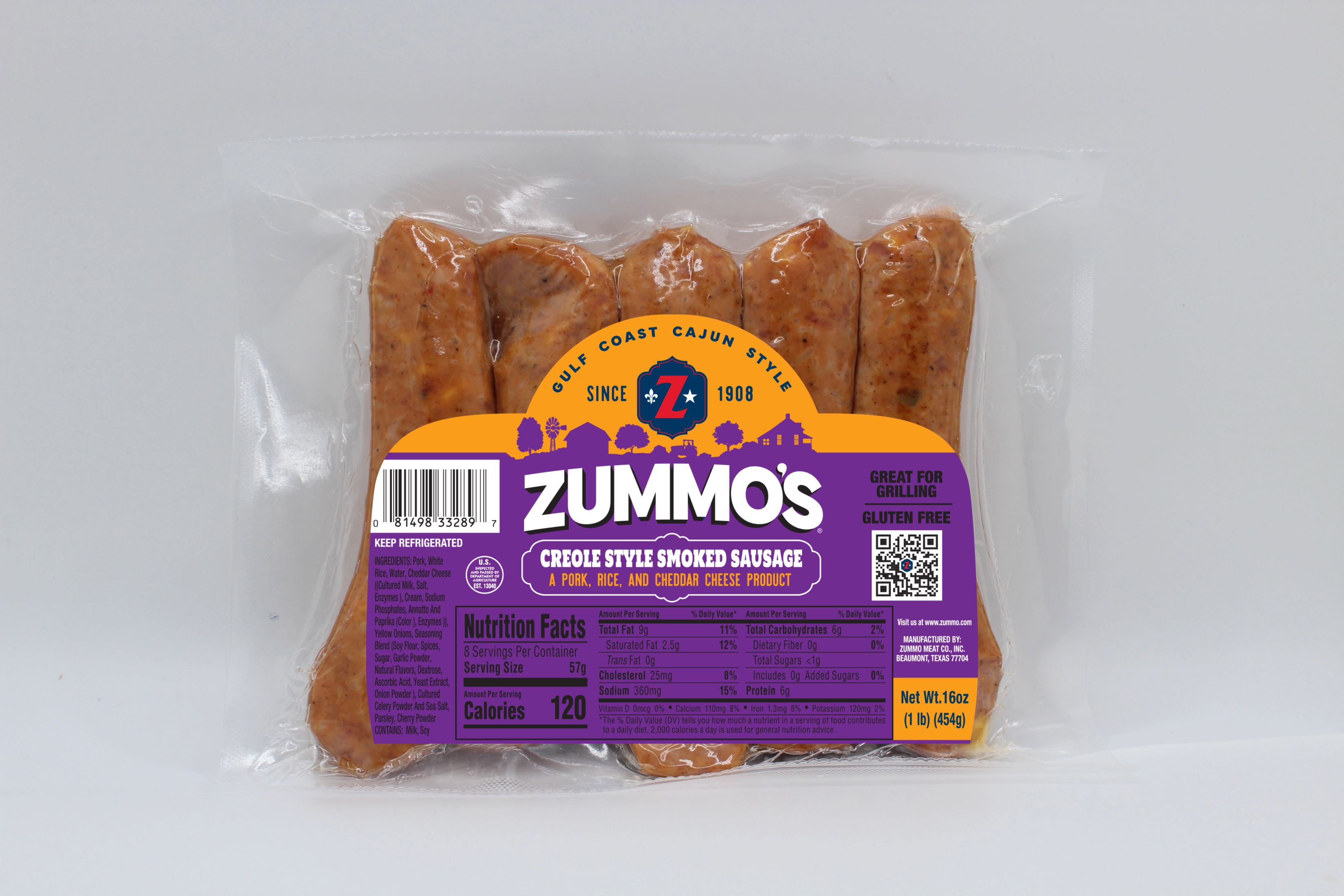 Zummo's Creole Style Smoked Sausage, Hickory Smoked, Fully Cooked, 16 Ounces