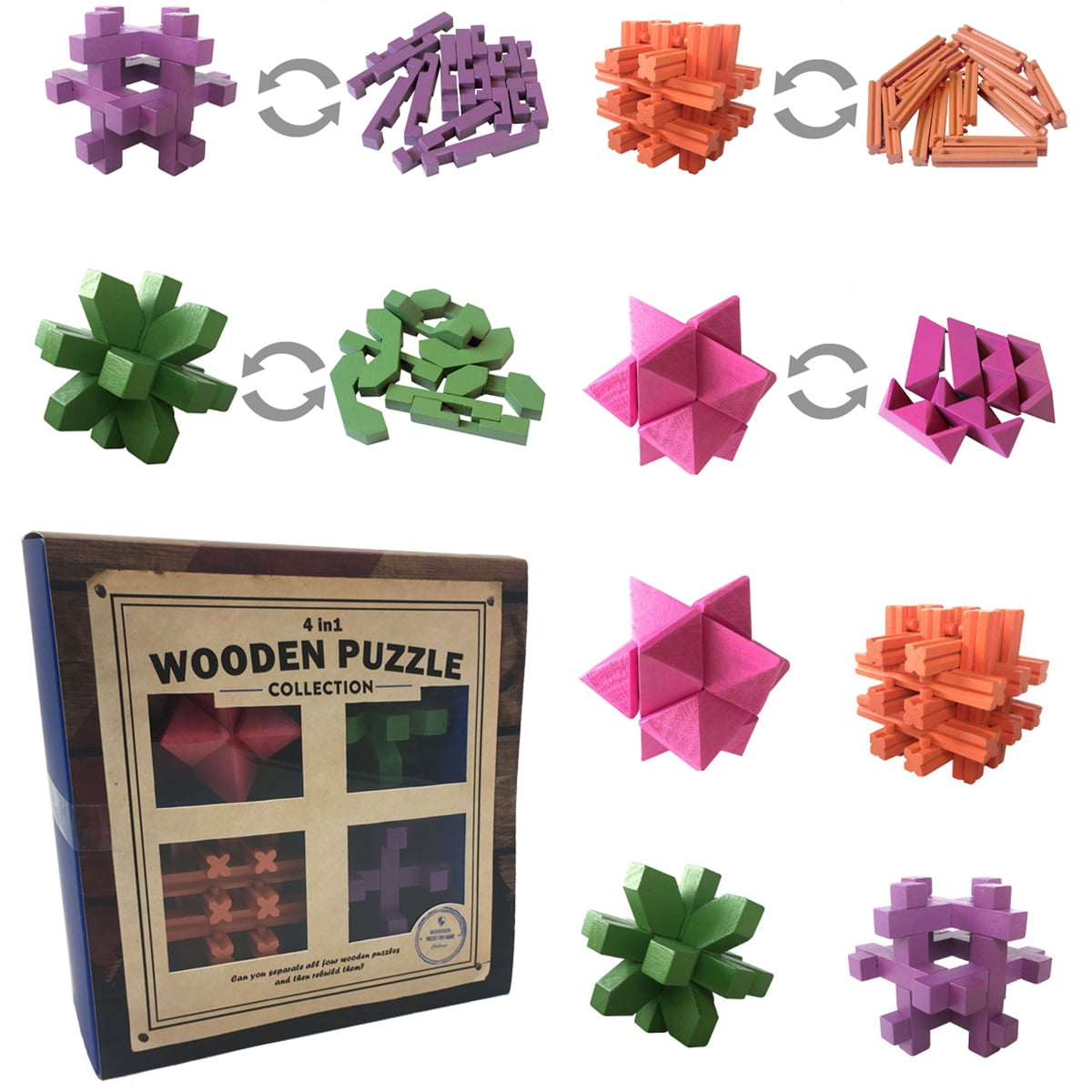 Zummy Brain Teasar 3D Wooden Colorful Puzzle Pack (4 Puzzles