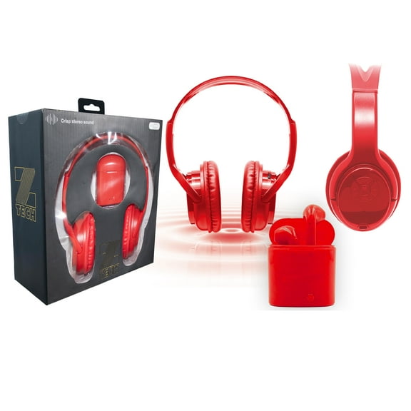 Zummy Wireless Over-Ear Bluetooth Headphones and True Wireless Earbud Set - Red