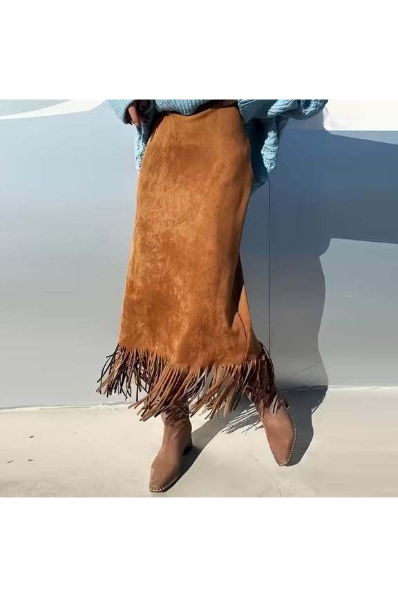 70s Retro Faux Suede Skirt for Women - High Waisted Boho Fringe Midi, Camel Brown (Machine Washable, Fall Winter Casual Skirt),Size 2XL