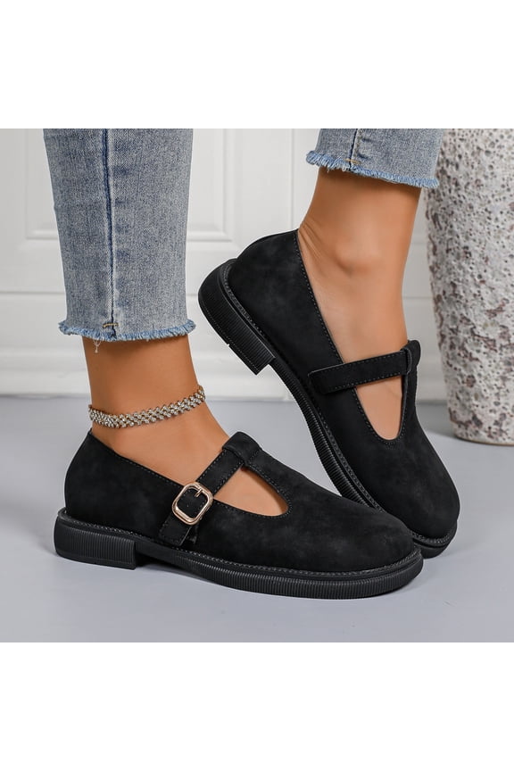 Black Womens Mary Jane Mules Slip On Flats Retro T-Strap Casual Shoes Velvety Fabric Comfortable Sole US 5.5-9,Size 8.5