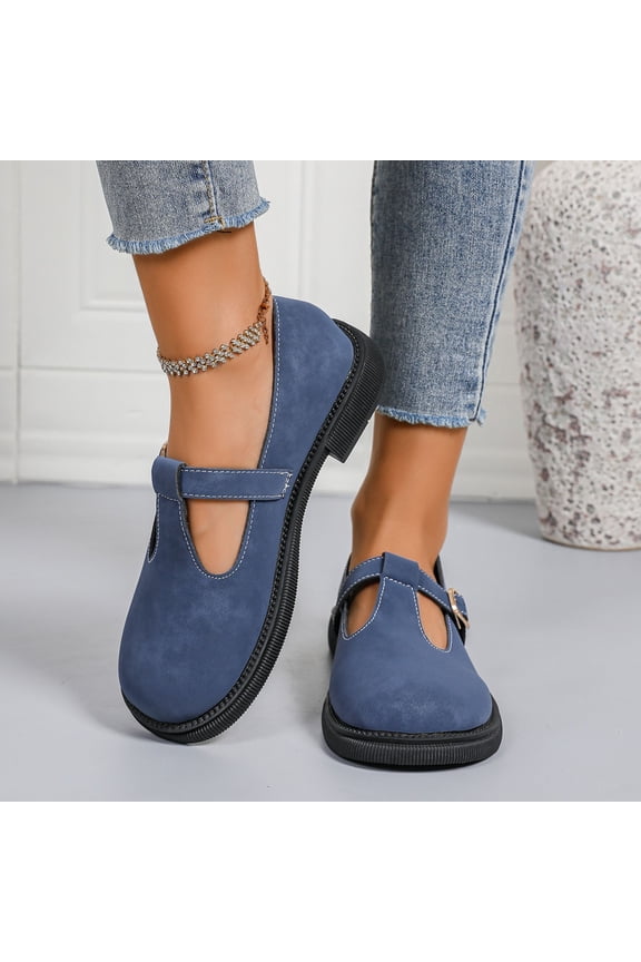 Blue Womens T-Strap Casual Flats Retro Mary Jane Mules Slip On Shoes Velvety Fabric Comfort Sole US 5.5-9,Size 7