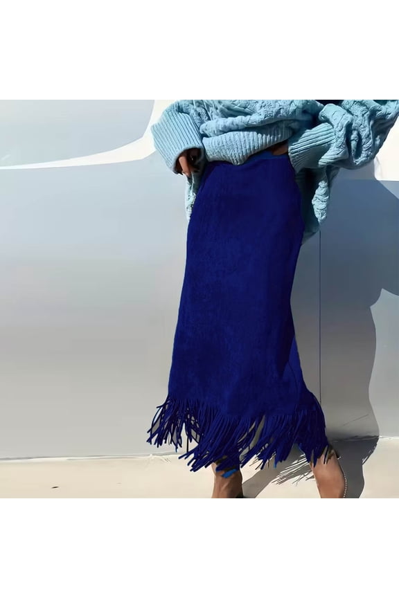 Boho Fringe Skirt for Women - Faux Suede High Waisted Midi Length, 70s Retro Style, Navy Blue (Machine Washable, Fall Festival Skirt),Size S