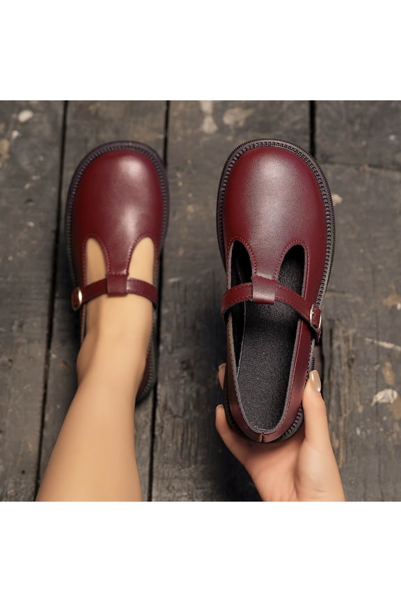 Chunky Platform Mary Jane Shoes for Women Wine Color Slip Resistant Casual Shoes with T-Strap Buckle Comfortable Walking US 5.5-9,Size 9