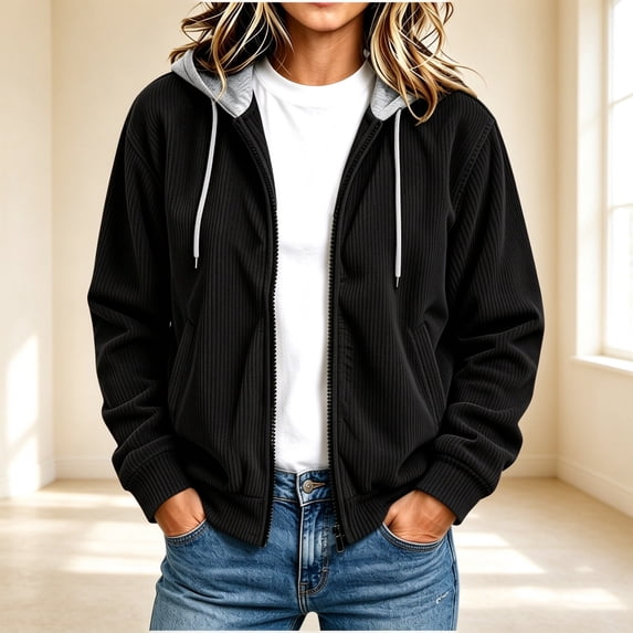 ZunFeo Corduroy Jacket for Women Casual Zip-Up Hooded Jacket Relaxed Fit Fall Outerwear with Pockets,