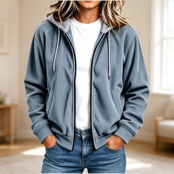 ZunFeo Corduroy Jacket for Women Casual Zip-Up Hooded Jacket Relaxed Fit Fall Outerwear with Pockets,