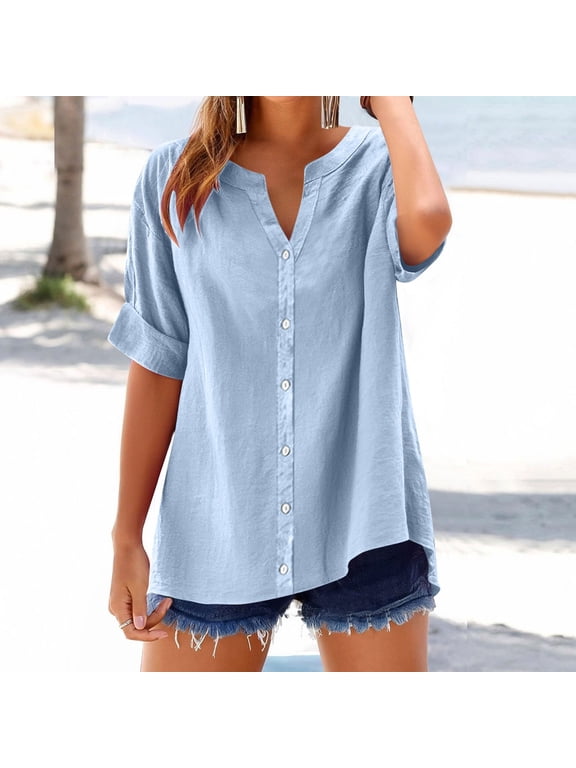 Cotton Linen Shirts for Women Short Sleeve Loose Fit Button Down Blouse V-Neck Casual Summer Tops, Sky Blue Size M
