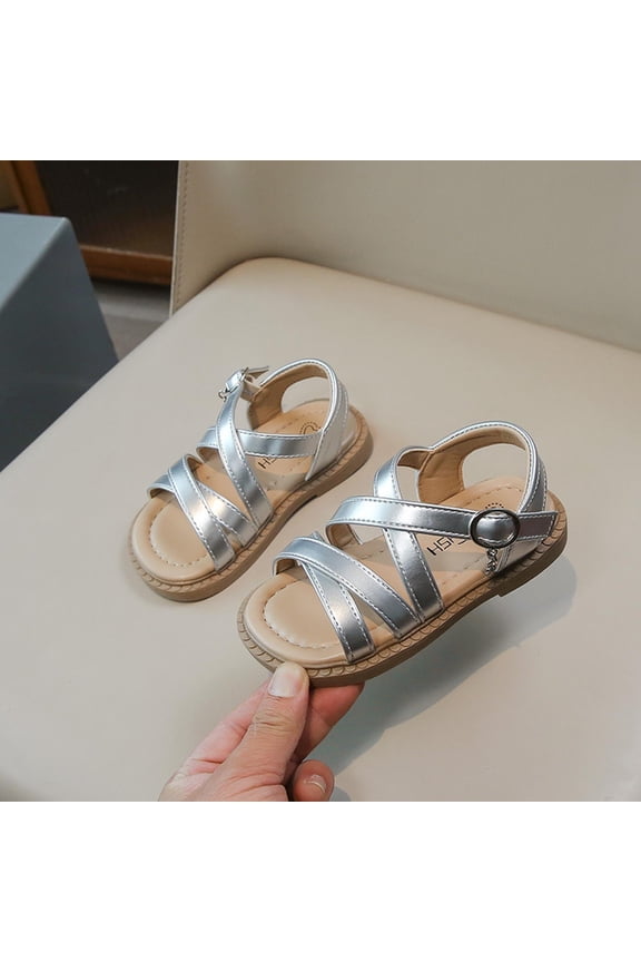 Girls Sandals Cross Strap Adjustable Buckle - Soft Cushioned Non-Slip Open Toe Play Shoes for Kids Little Kids, US 5-13, Silver,Size 18 Months