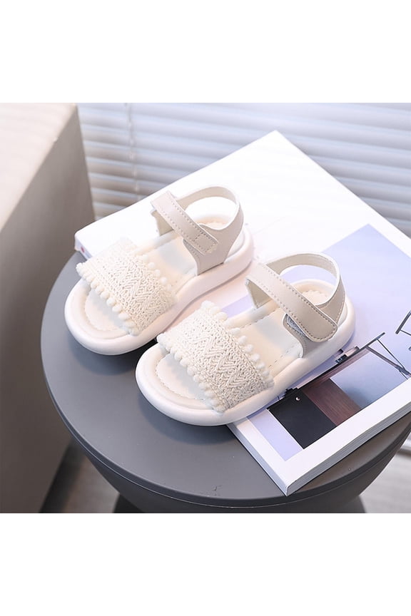 Girls Sandals with Pom Poms Adjustable Hook and Loop Strap Non-Slip Sole Lightweight Casual Summer Shoes for Kids Little Kid, Beige,Size 30