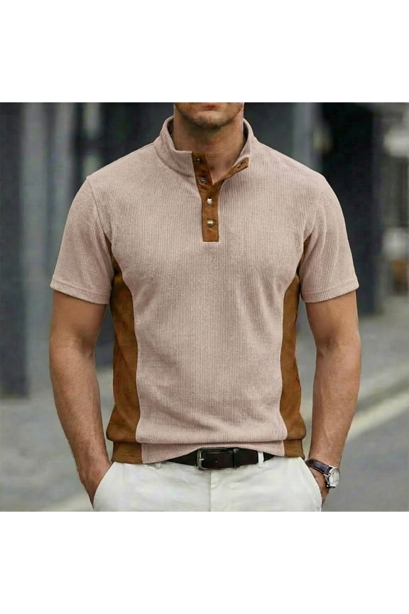 Mens Cotton Spandex Short Sleeve Henley Shirt - Soft Ribbed Retro Casual Tee with Button Placket Khaki Tan S-XXXL,Size 3XL