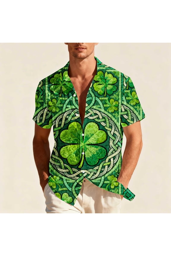 Mens St. Patrick's Day Celtic Knot Four Leaf Clover Green Camp Collar Short Sleeve Button Down Shirt Breathable Stretchy Relaxed Fit,Size L