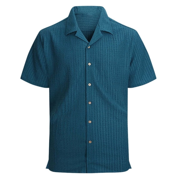 ZunFeo Mens Wrinkle Free Quick Dry Short Sleeve Button Down Shirt Textured Casual Camp Collar Blouse Navy Summer,Size L