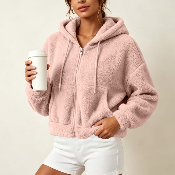 ZunFeo Pink Womens Oversized Cropped Fuzzy Sherpa Fleece Zip-Up Hooded Jacket,Size M