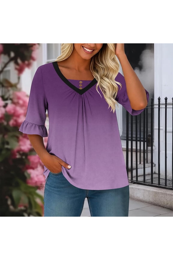 Plus Size Womens Purple Ombre Blouse Loose Fit Long Sleeve Tunic Top V-Neck with Ruffle Sleeves,Size 2XL