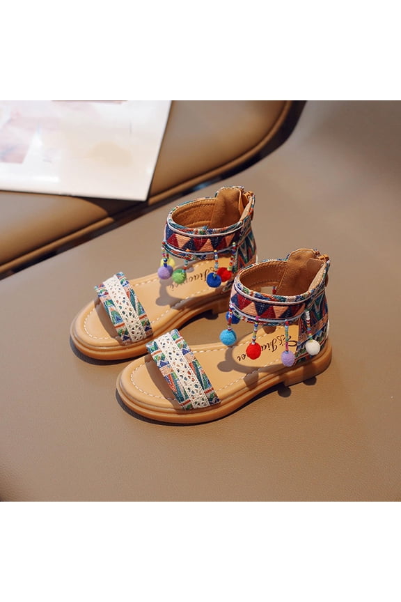 Red Boho Girls Sandals with Pom Pom Ankle Strap, Flat Open-Toe Casual Summer Play Sandals for Kids & Little Kid Girls (Sizes 7-12, 13-4),Size 4 T