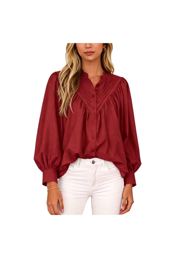 Red Burgundy Womens Long Sleeve Blouse Relaxed Fit Bishop Sleeve Boho Vintage Button Down Flowy Top,Size XL