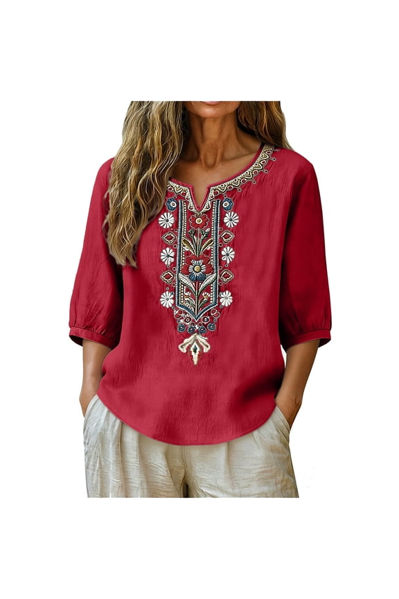 Red Womens Cotton Linen Blend Embroidered Floral Blouse V-Neck Puffed Short Sleeve Loose Fit Boho Tunic Top,Size 3XL