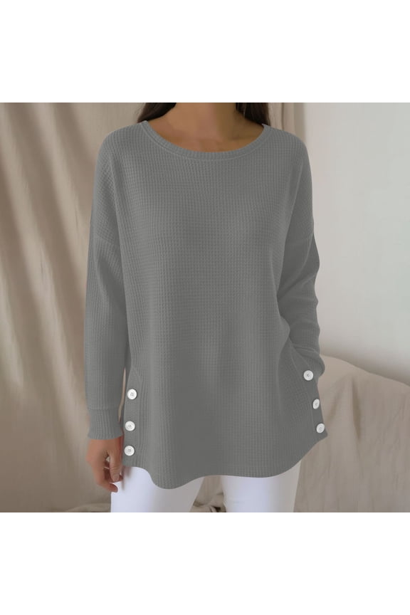 Waffle Knit Tunic Sweater Womens Gray Cotton Blend Top Long Sleeve with Side Buttons Relaxed Fit Casual,Size 2XL