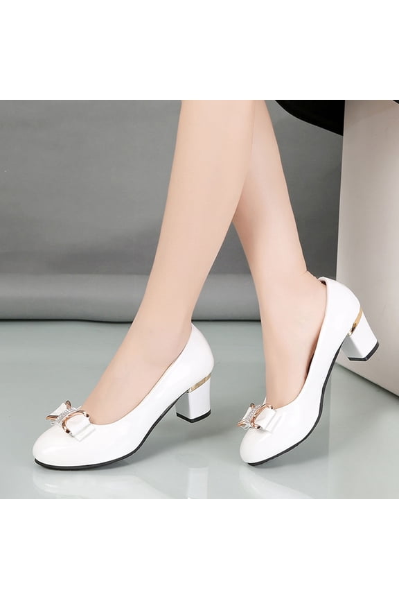 White Pumps for Women Block Heel Slip On - Comfortable Round Toe Mid Heel Shoes for Work Casual with Bow Detail,Size 8.5