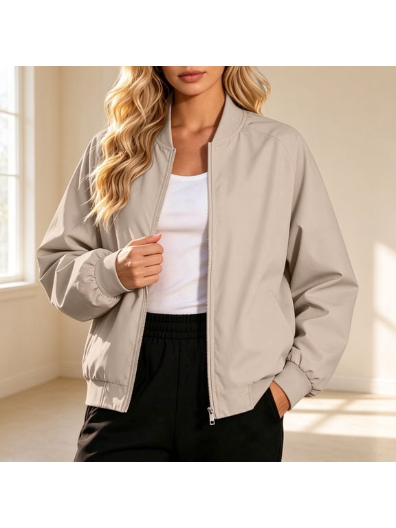 Women's Casual Bomber Jacket Coat Loose Stand Collar Zip Up Lightweight Windbreake for Outdoor Daily, Khaki