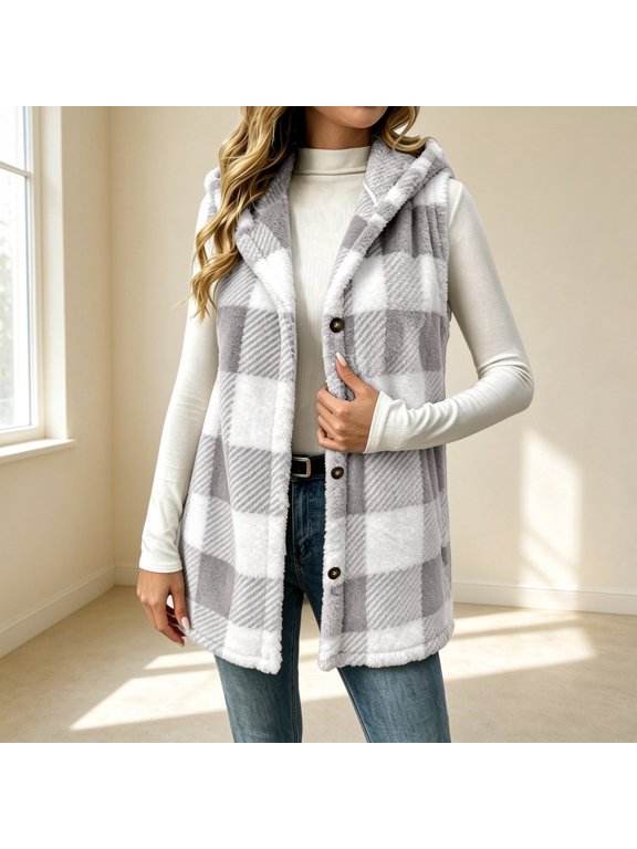 Women's Fall Winter Vests Plaid Hooded Sleeveless Fuzzy Fleece Vest Coat Button‑Up Double‑Sided Outerwear