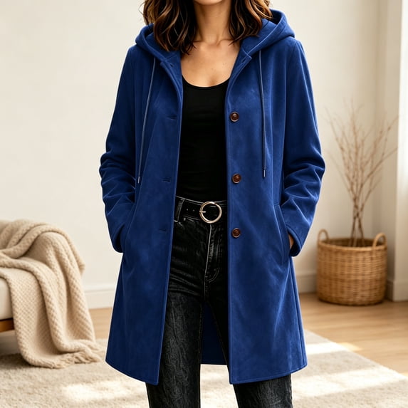ZunFeo Women’s Hooded Suede Coat, Casual Drawstring Mid‑Length Button Down Fall Winter Trench Coat Jacket
