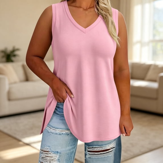 ZunFeo Women's Plus Size Tank Tops– V-Neck Sleeveless Casual Top with Side Slit– Loose Fit Summer Tee XL-5XL