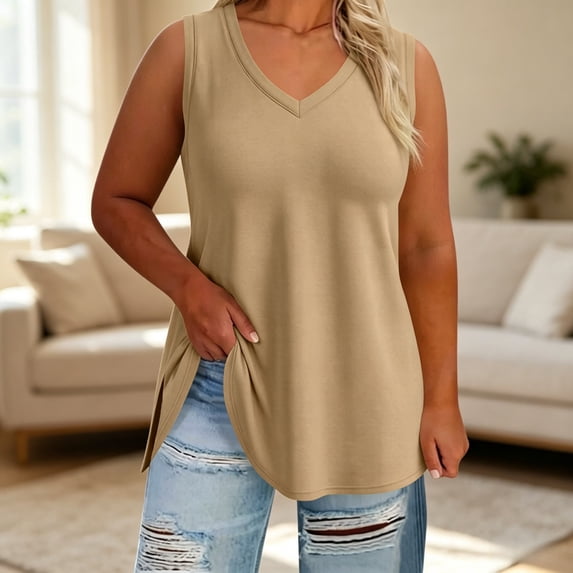 ZunFeo Women's Plus Size Tank Tops– V-Neck Sleeveless Casual Top with Side Slit– Loose Fit Summer Tee XL-5XL