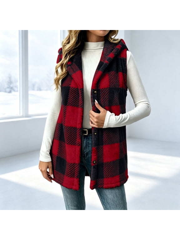 Women's Plush Fleece Vest –Plaid Hooded Button Front Sleeveless Winter Outerwear – Soft Faux Fur Vest S-2XL