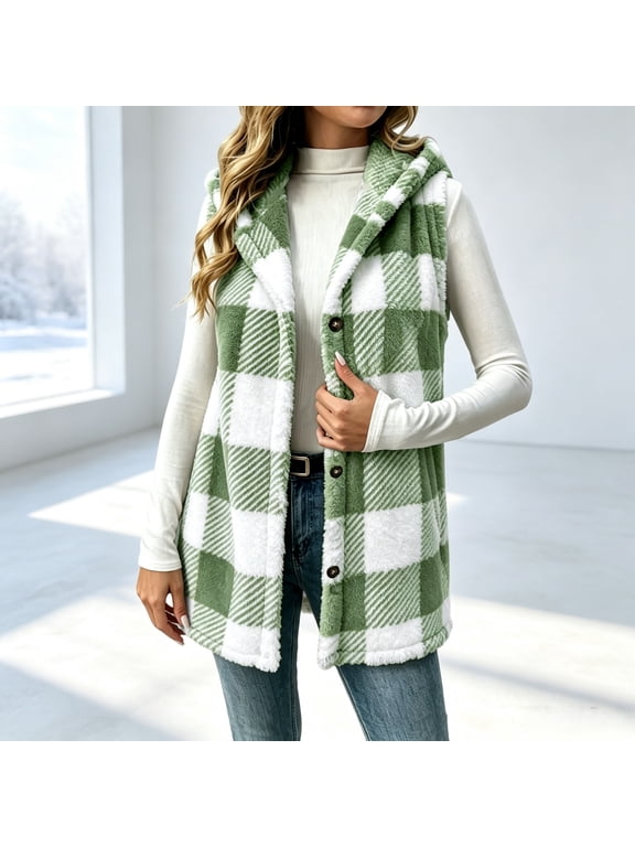 Women's Plush Fleece Vest –Plaid Hooded Button Front Sleeveless Winter Outerwear – Soft Faux Fur Vest S-2XL