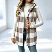 ZunFeo Women's Plush Fleece Vest  Plaid Hooded Button Front Sleeveless Winter Outerwear   Soft Faux Fur Vest S-2XL