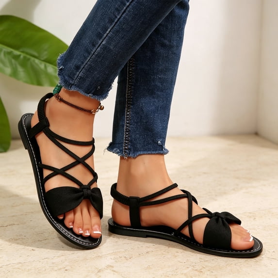 ZunFeo Women's Suede Flat Sandals – Criss Cross Strappy Open Toe Sandals with Bow Detail & Elastic Back Strap – Black Casual Summer Beach Shoes