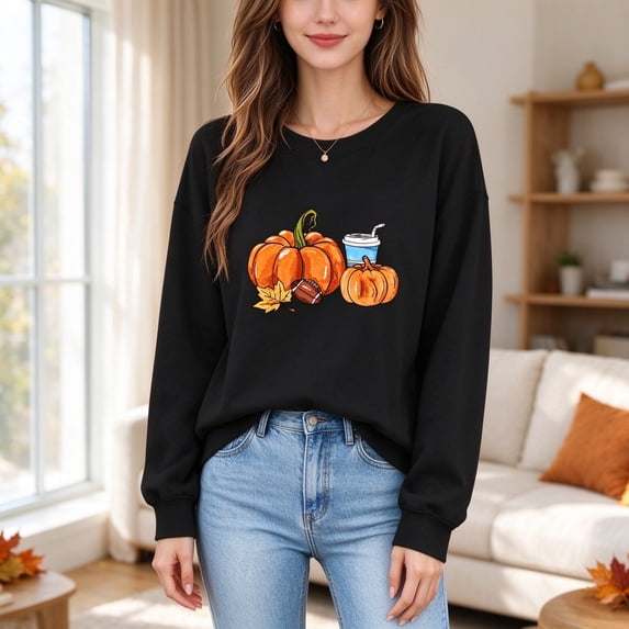 ZunFeo Women's Thanksgiving Casual Sweatshirt Cute Pumpkin Graphic Crewneck Long Sleeve Tops for Fall Winter, Black