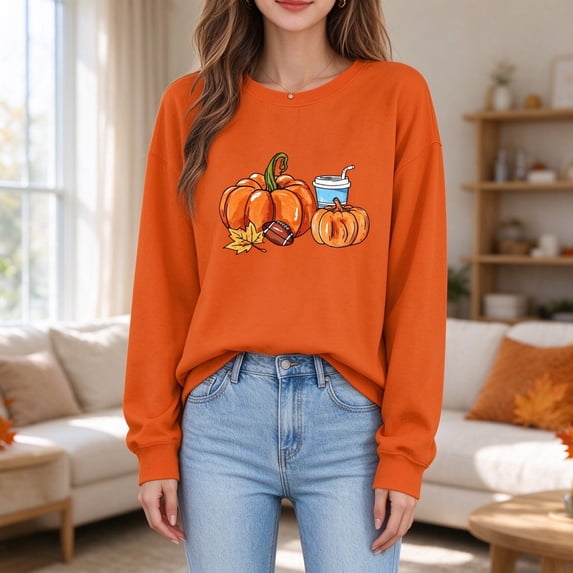ZunFeo Women's Thanksgiving Casual Sweatshirt Cute Pumpkin Graphic Crewneck Long Sleeve Tops for Fall Winter, Orange