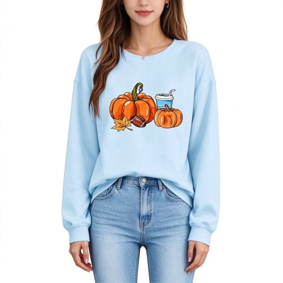 ZunFeo Women's Thanksgiving Casual Sweatshirt Cute Pumpkin Graphic Crewneck Long Sleeve Tops for Fall Winter, Sky Blue