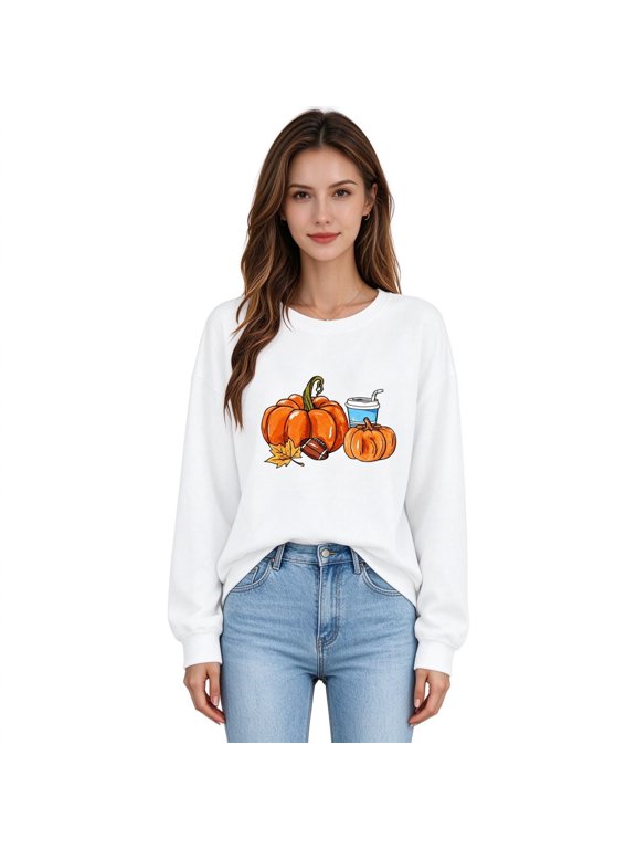 Women's Thanksgiving Casual Sweatshirt Cute Pumpkin Graphic Crewneck Long Sleeve Tops for Fall Winter, White