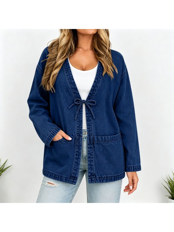 Women's Tie Front Denim Cardigan Jacket Loose Long Sleeve V‑Neck Casual Outerwear With Big Pockets