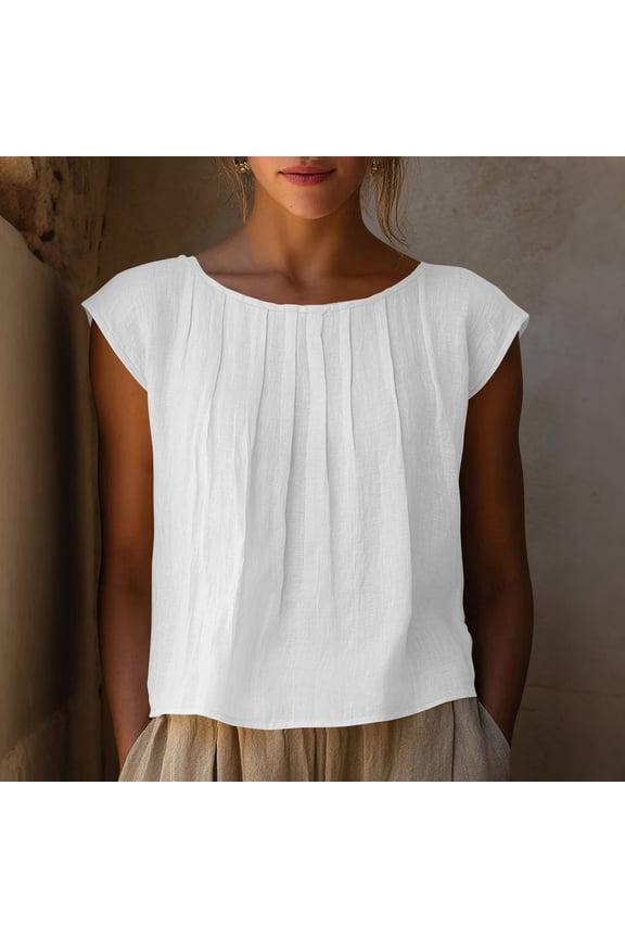 Womens 100% Cotton Short Sleeve Blouse - Relaxed Fit Casual Top with Scoop Neck & Pleated Detail for Everyday, White,Size 2XL