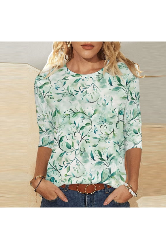 Womens 3/4 Sleeve Crew Neck Blouse Relaxed Fit Green Leaf Print Top Stretchy Casual Shirt for Everyday,Size 2XL