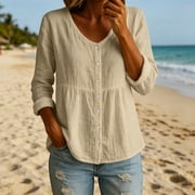 ZunFeo Womens Babydoll Linen Blouse with V-Neck & Empire Waist, Button Down Casual Shirt for Women in Beige,Size XL