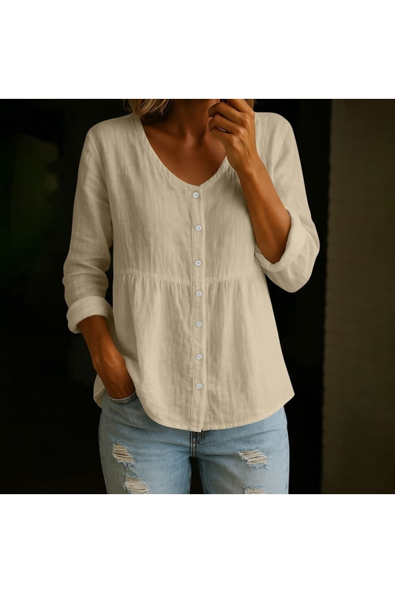 Womens Babydoll Linen Blouse with V-Neck & Empire Waist, Button Down Casual Shirt for Women in Beige,Size XL