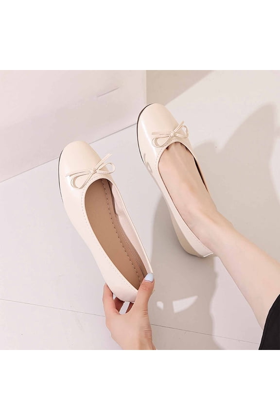 Womens Ballet Flats Slip On Comfort Padded Insoles Round Toe Casual Shoes with Bow, Beige (US Womens Size 5.5-9.5),Size 6