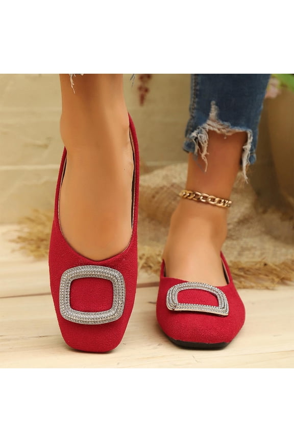 Womens Ballet Flats Square Toe Rhinestone Buckle Suede Comfort Work Casual Shoes Red 5.5-9.5,Size 7