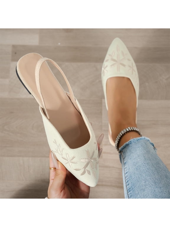 Womens Beige Embroidered Mule Flats Slip On Pointed Toe Floral Slingback Shoes Comfy Casual US Sizes 5.5-9.5,Size 9.5