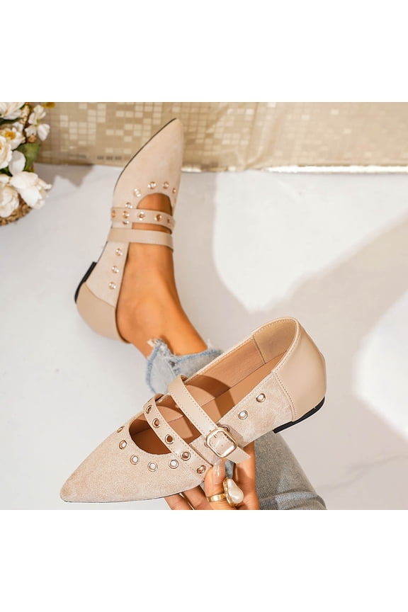 Womens Beige Velvet Mary Jane Flats - Pointed Toe Buckle Strap Retro Punk Style Comfortable Everyday Casual Shoes,Size 7